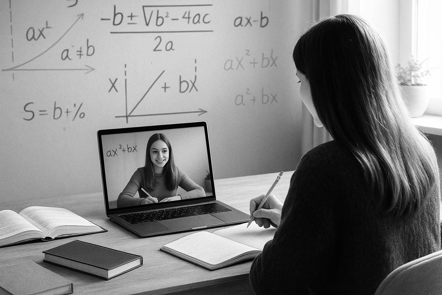 Smiling A-Level student attending nationwide online maths tuition session.